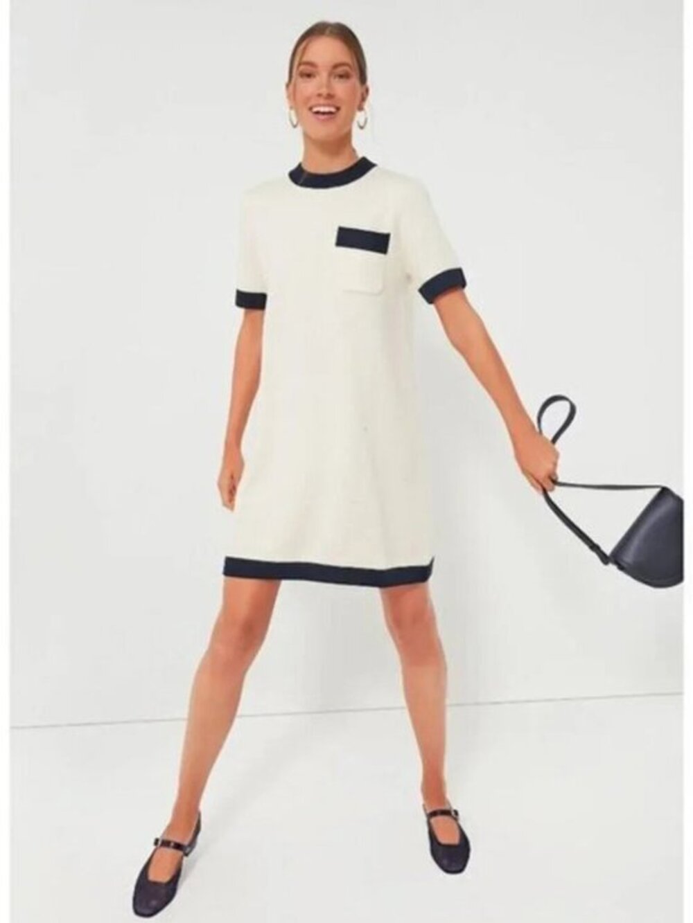 New Tuckernuck Merritt Knit Contrast Trim Mini Dress Ivory Navy XS